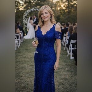Timeless Tadashi Shoji blue lace v neck cold shoulder gown